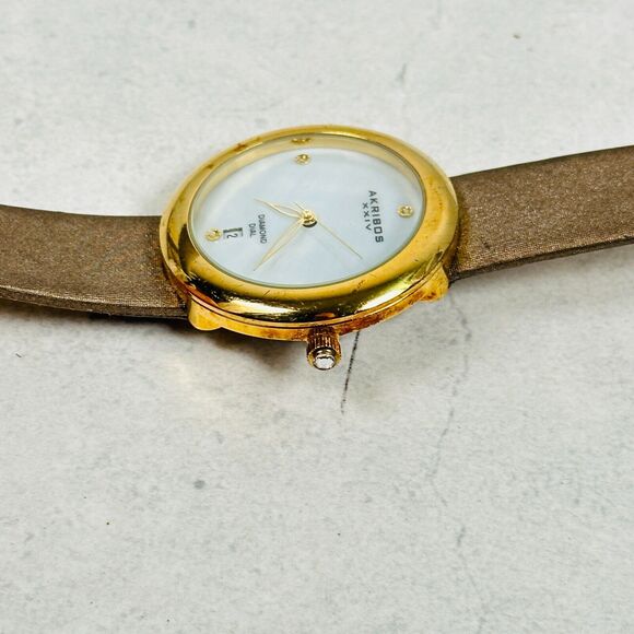 Arkibos Watch Womens 37mm Date MOP Diamond Dial Round Gold Tone New Battery - Picture 3 of 11